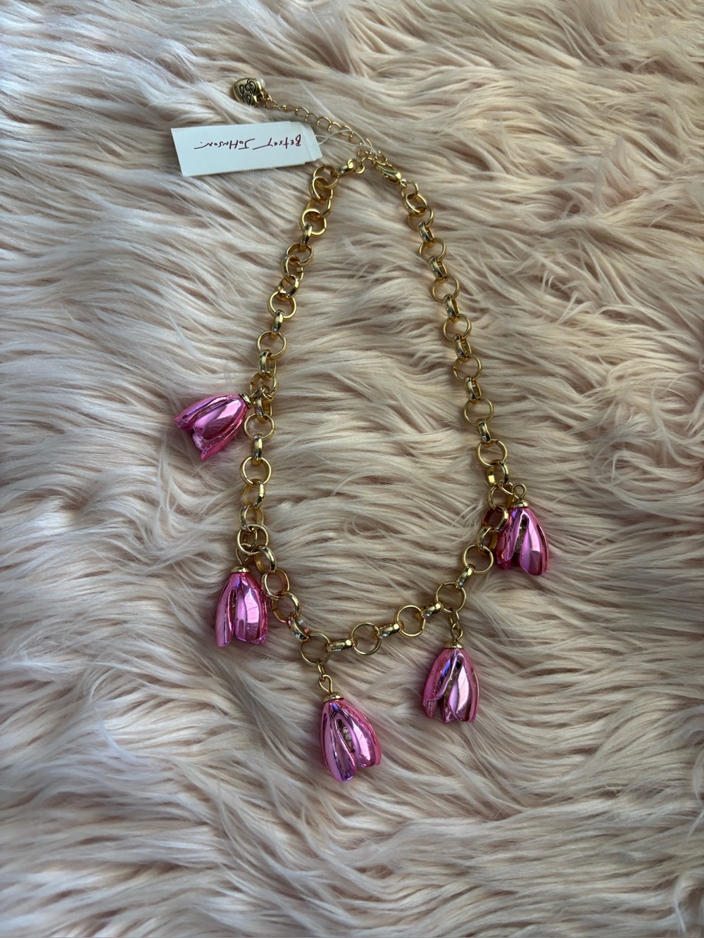 Betsey Johnson Gold Chain Necklace with Pink Tulip Charms